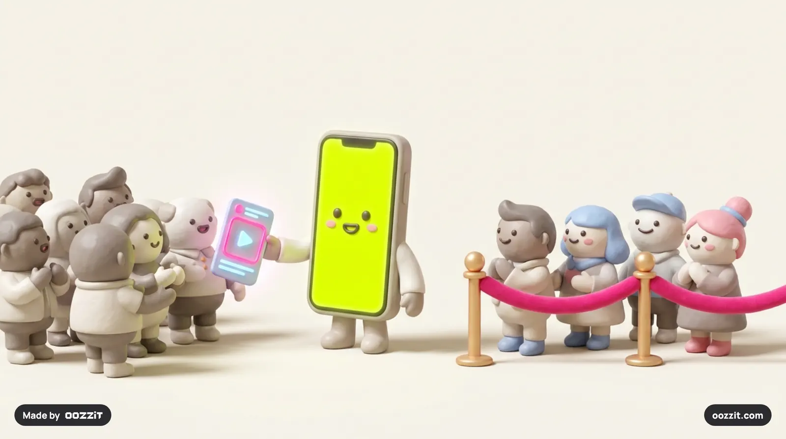 A phone handing a reel to a crowd of strangers while the creator's followers wait behind a rope.