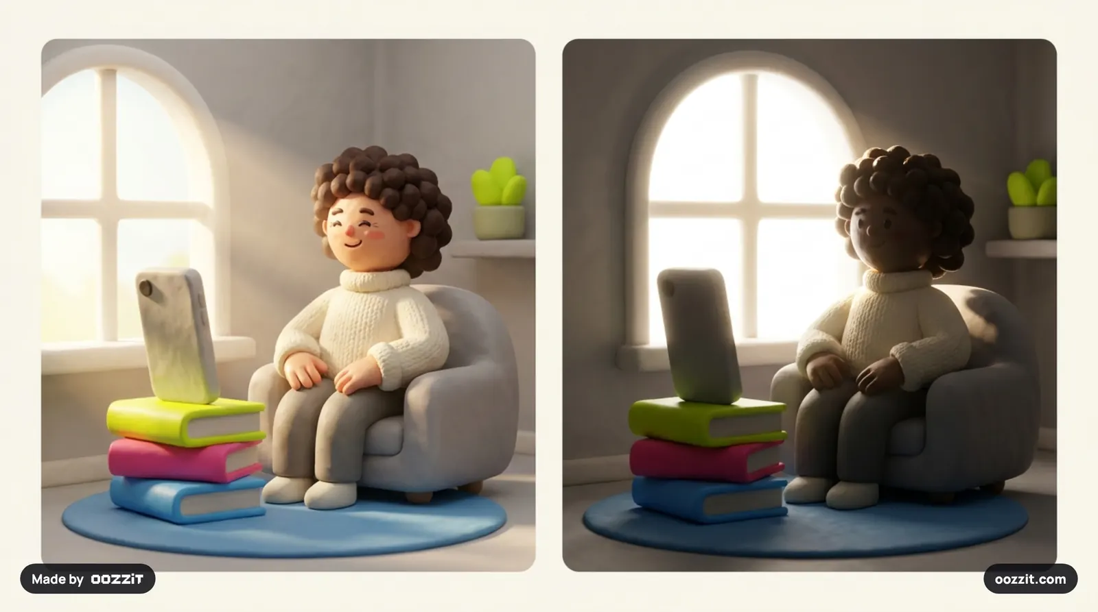 Left: a creator facing a window with the phone between them and the light, face brightly lit. Right: the same creator with the window behind their head, face in shadow.
