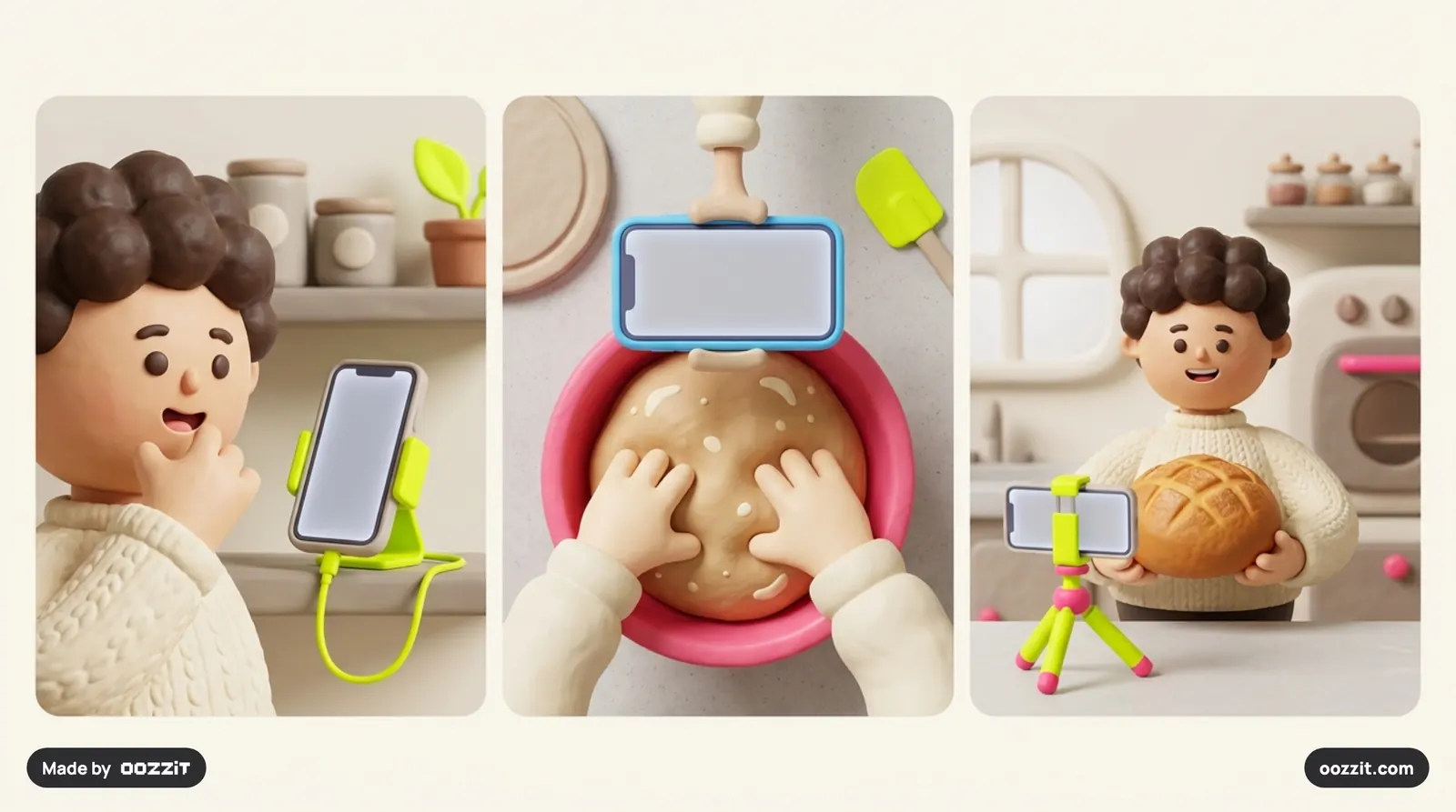 Three panels of the same creator: a close-up talking to a phone at eye level, an overhead shot of hands mixing dough, and a waist-up shot holding a finished loaf.