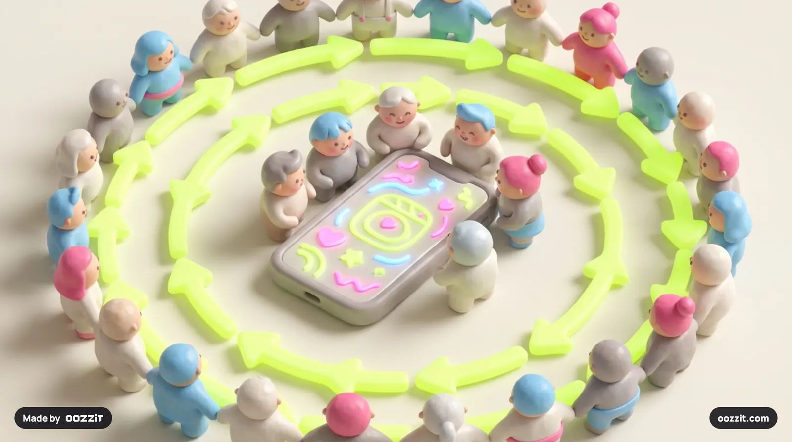 A phone showing a reel, watched by a small ring of people, with arrows spreading out to a much larger ring of people.