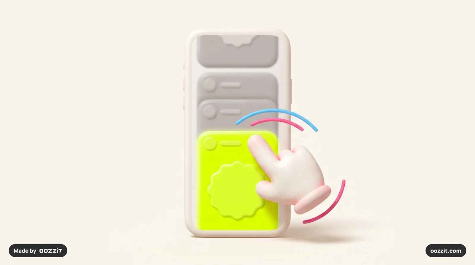 A thumb swiping past dull reels on a phone, stopping on the one reel with a bold sticker in its first frame.