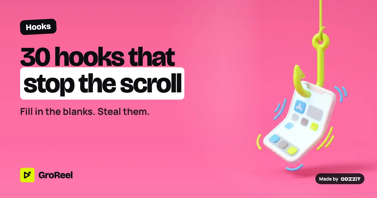 A lime fishing hook catching a smartphone mid-scroll